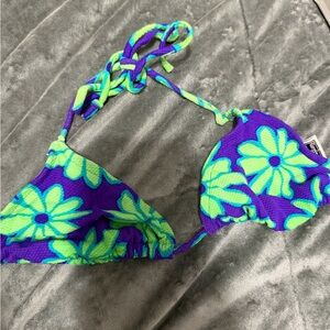 Xhilaration Purple & Lime Green Floral Triangle Bikini Top